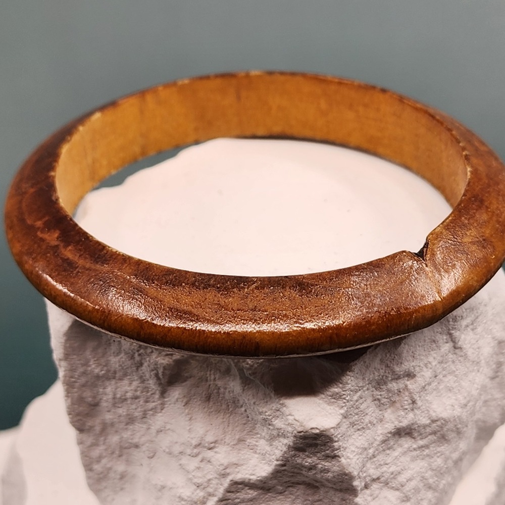 Brown Wood Bangle Bracelet Carved Groove Natural Grain Boho Artisan Statement